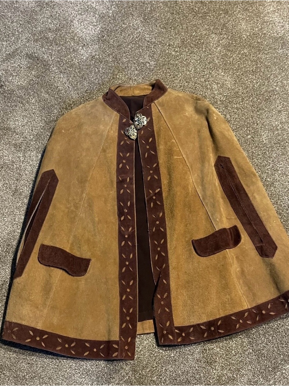 Vintage 1970s Tan Brown Suede Leather Cape Poncho Coat Floral Cutout Metal Clasp